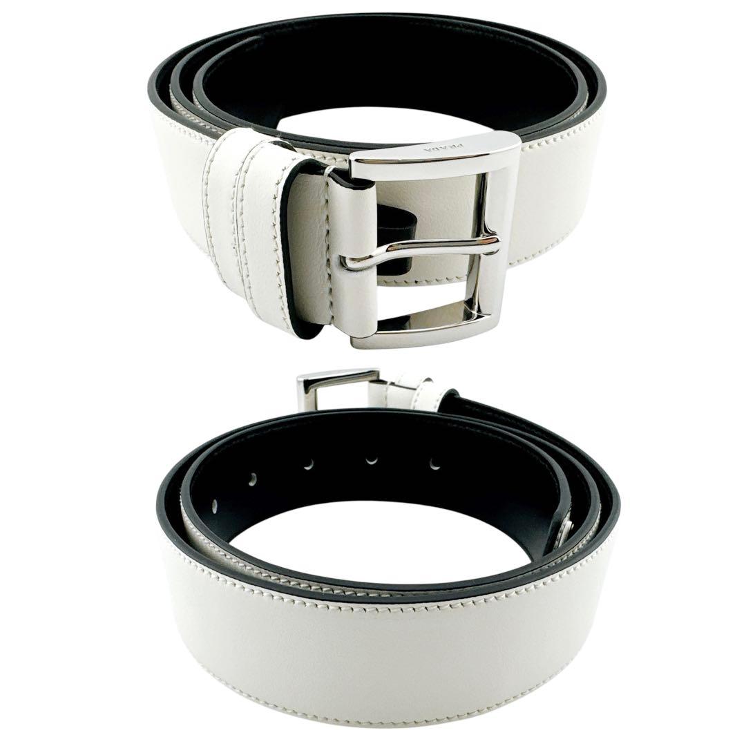 未使用級◇プラダ レザー トライアングルロゴ 三角プレート ホワイト ベルト