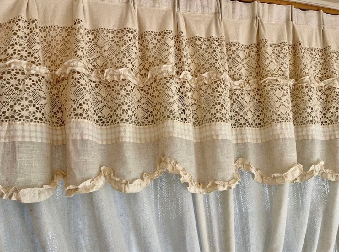 フレンチカントリー 綿麻レースカーテン 2枚セット