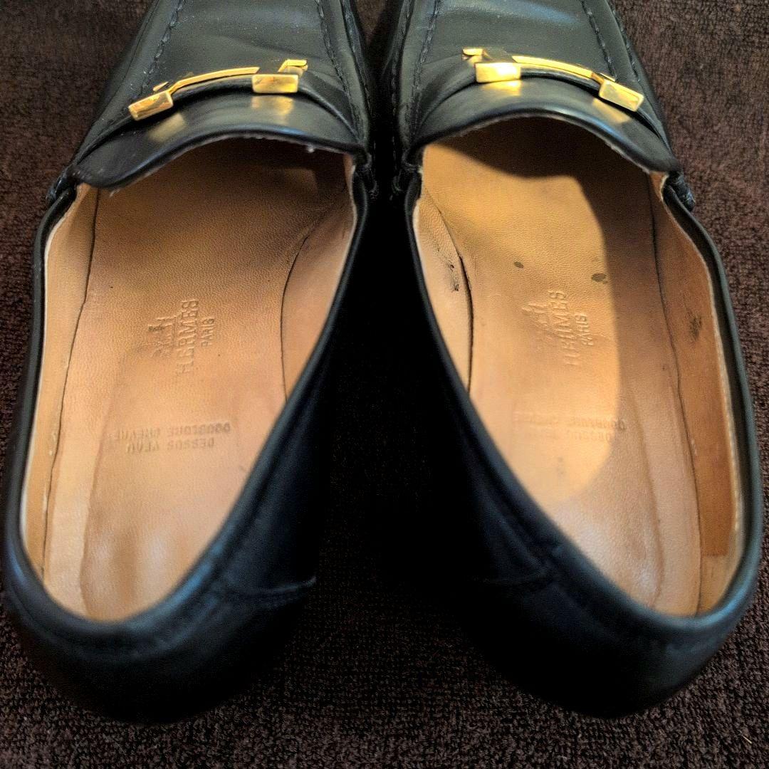 サイズ37 HERMES ブラック ローファー 金具Hロゴ