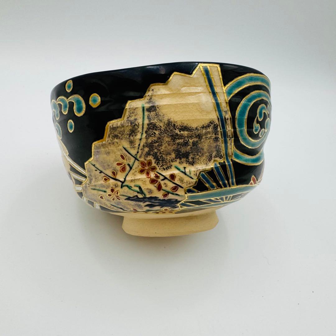 【京焼　田中寿宝　絵付け茶碗　波に扇子図　茶道具】骨董　アンティーク