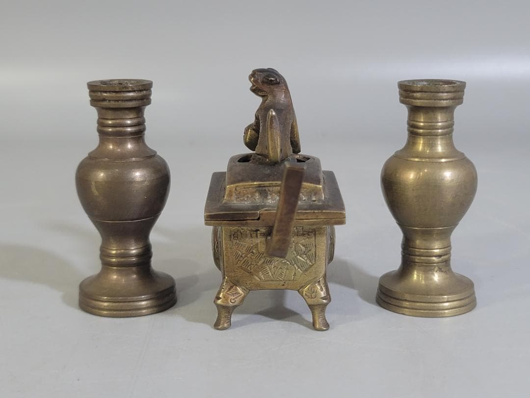 古銅 豆 香炉 花器一対 Ａ845