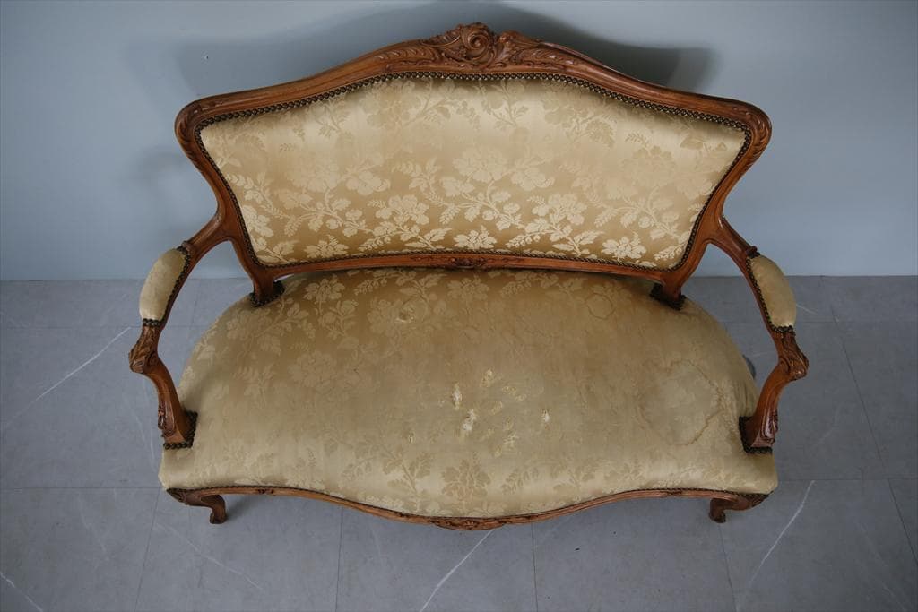 フランスアンティーク猫脚フレンチソファ/セティー/木製2人掛けイス(92-212