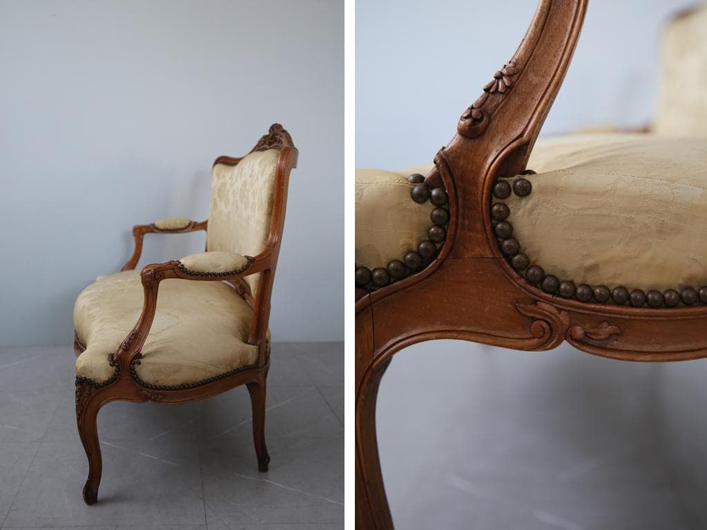 フランスアンティーク猫脚フレンチソファ/セティー/木製2人掛けイス(92-212