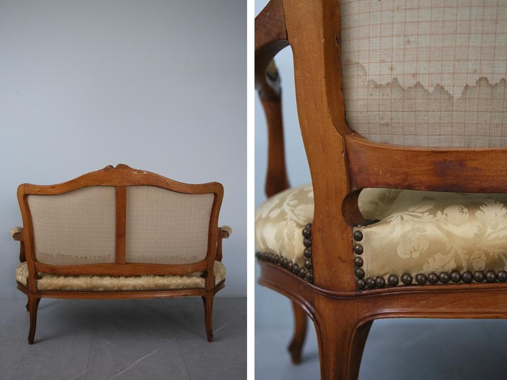 フランスアンティーク猫脚フレンチソファ/セティー/木製2人掛けイス(92-212