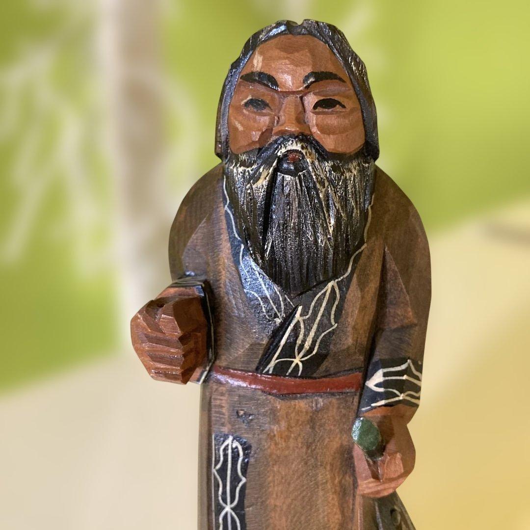 木彫り 農民美術 木端人形 アイヌ 夫婦 小熊 鮭　2体セット