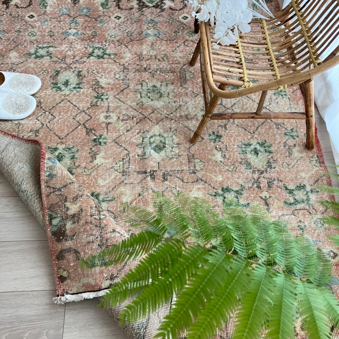 シャビーピンク✳︎120×177グリーン　ブルー　　チョコ　トルコヴィンテージラグ