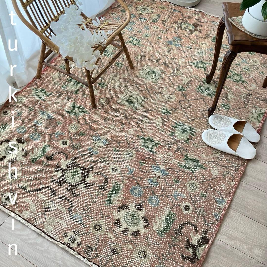 シャビーピンク✳︎120×177グリーン　ブルー　　チョコ　トルコヴィンテージラグ