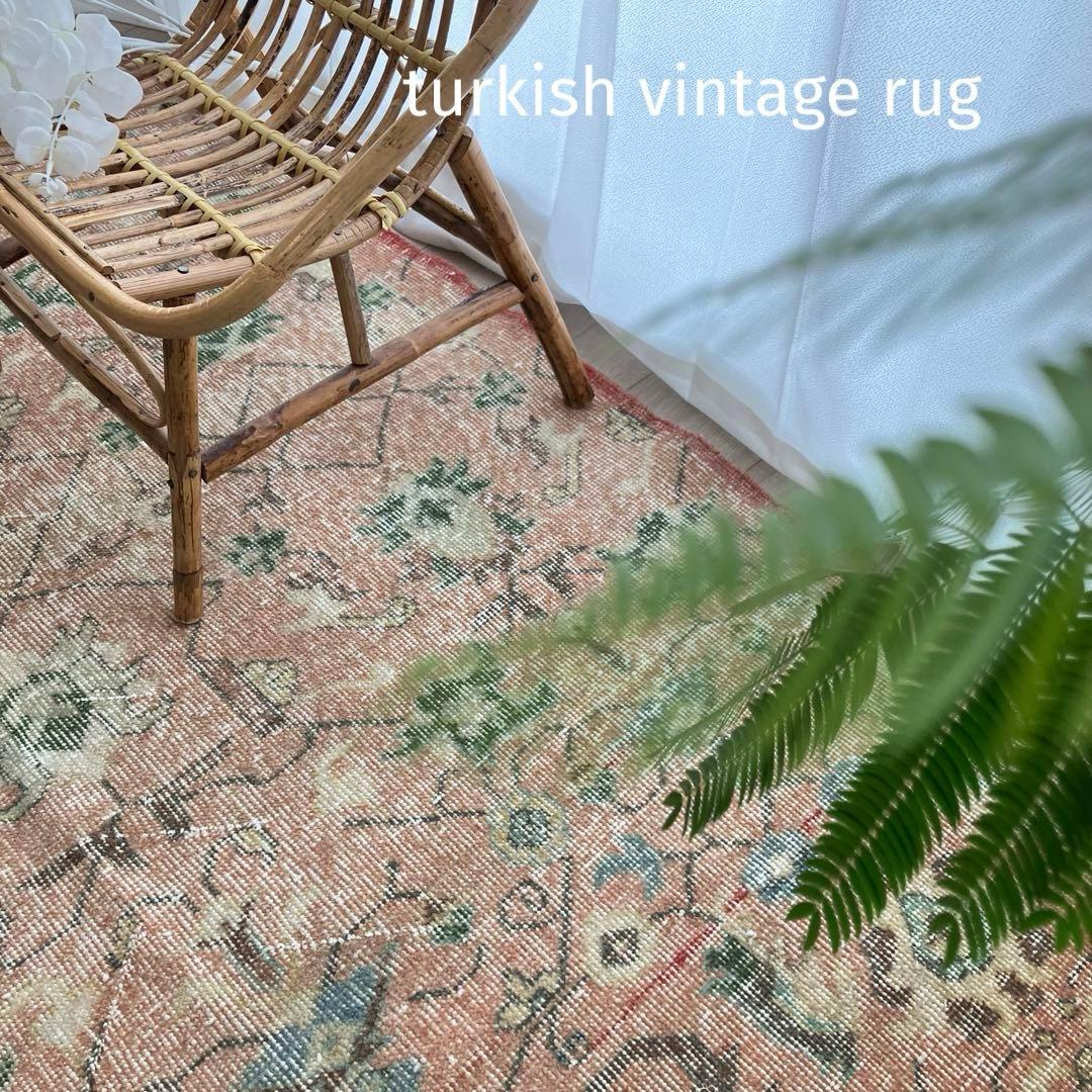 シャビーピンク✳︎120×177グリーン　ブルー　　チョコ　トルコヴィンテージラグ