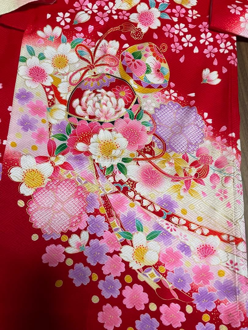 七五三 着物フルセット 6歳7歳　赤色 花柄　お参り着　女児　正絹　新品　髪飾り
