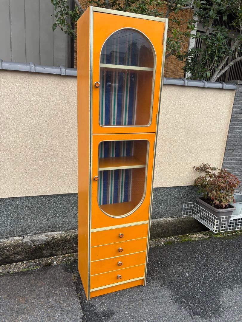 食器棚 昭和レトロ レトロポップ オレンジ イエロー キャビネット 収納棚 本棚