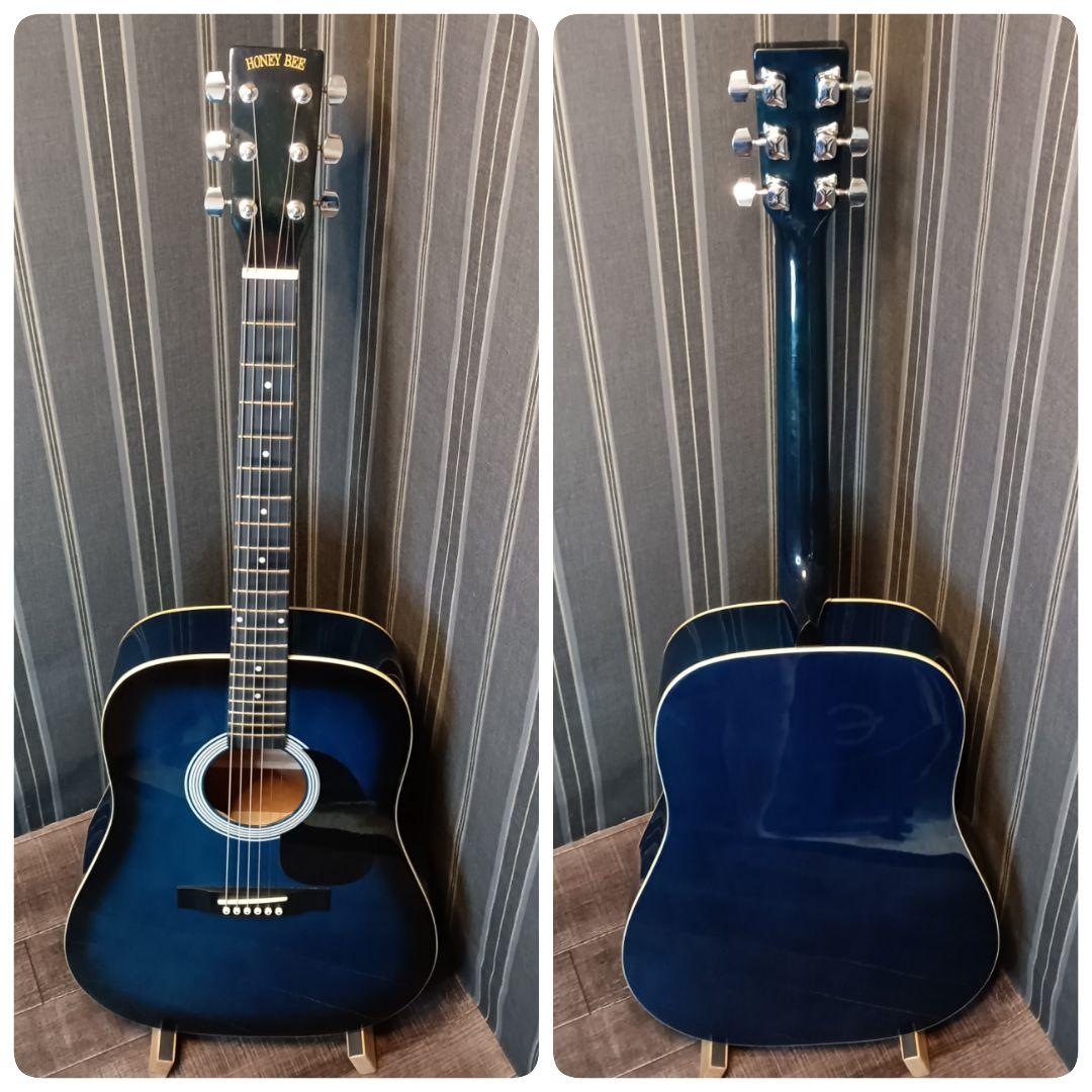新品弦 軽量 初心者 ビギナー向け アコースティックギター ブルー 青