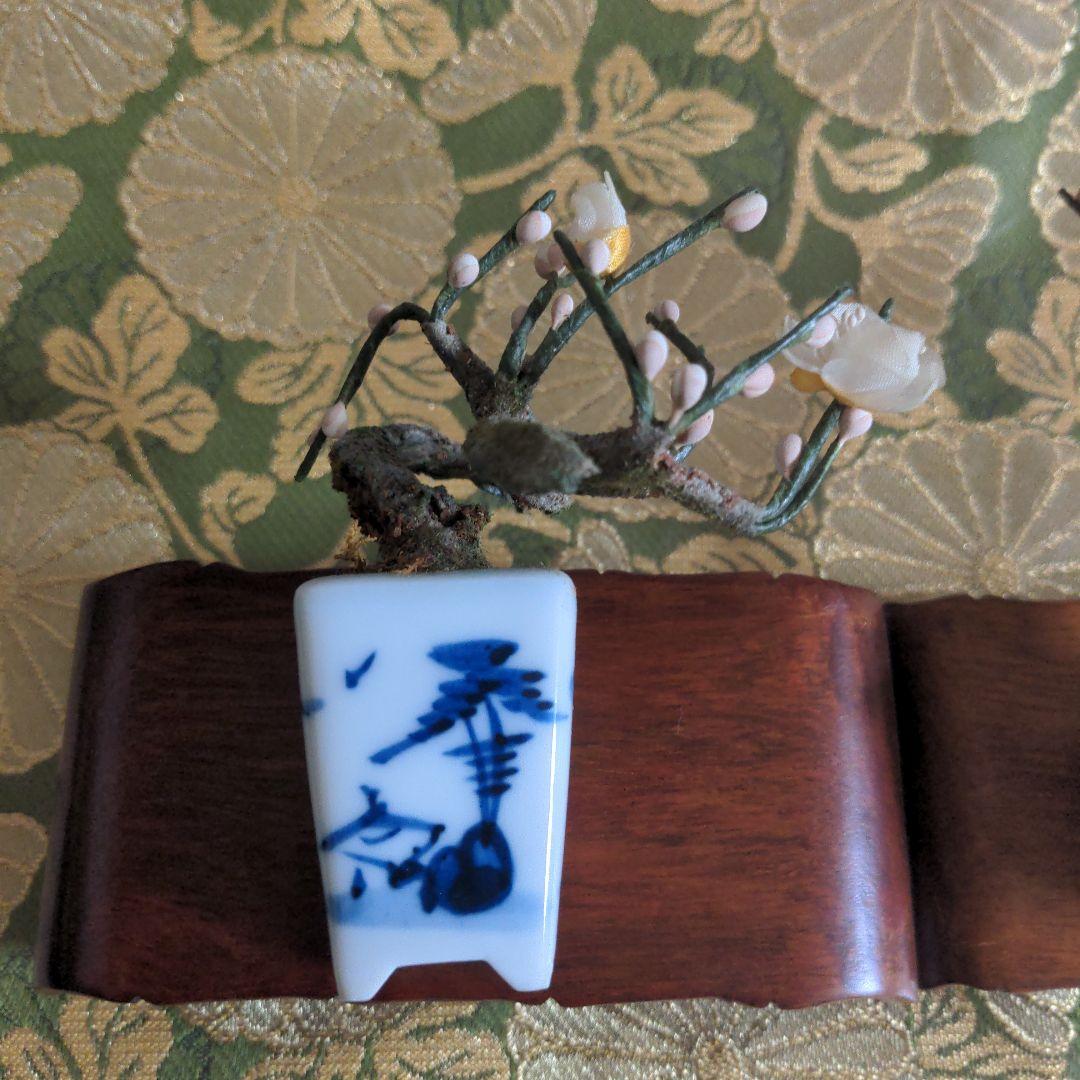 【最終価格】紅白梅豆盆栽（作り物）ミニサイズ 置物（花台付）一対