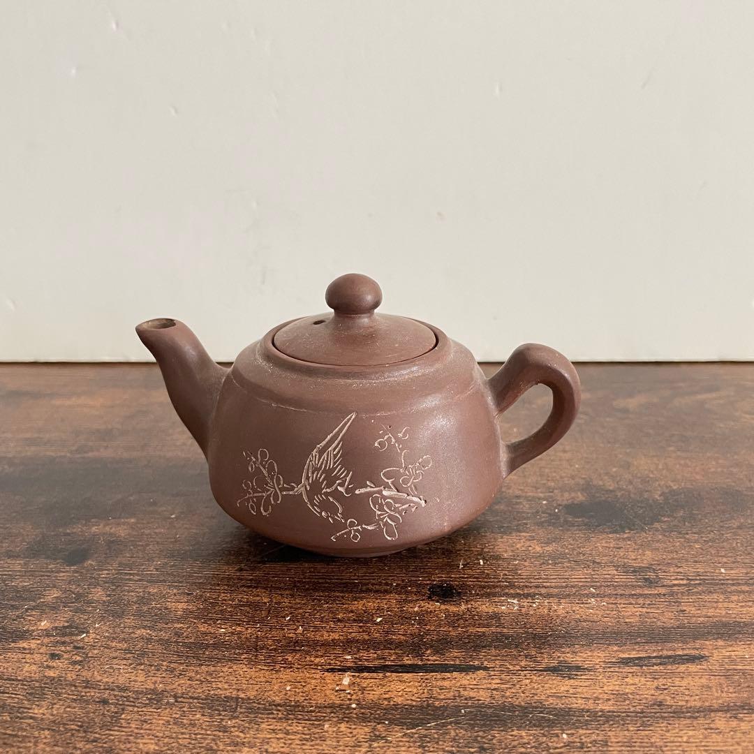 中国欽州窯花鳥紋 朱泥紫砂蓋物 急須 湯呑み5客茶器セット唐物『中国欽州』銘有り