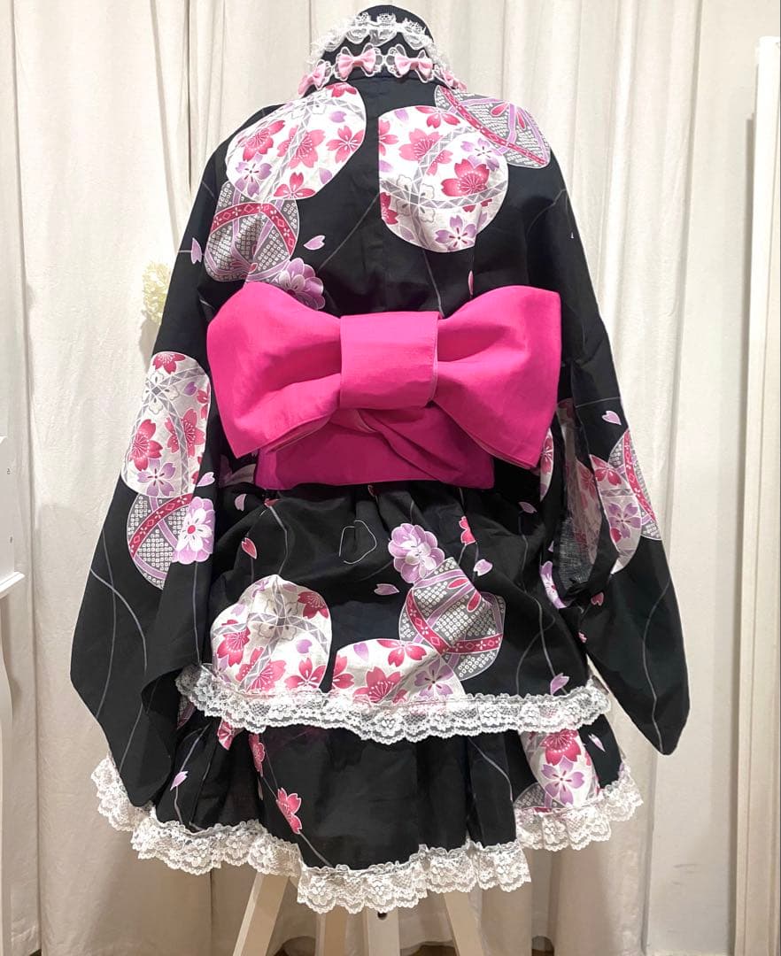 浴衣ドレスピンク黒地雷量産型ロリィタ値下げ可