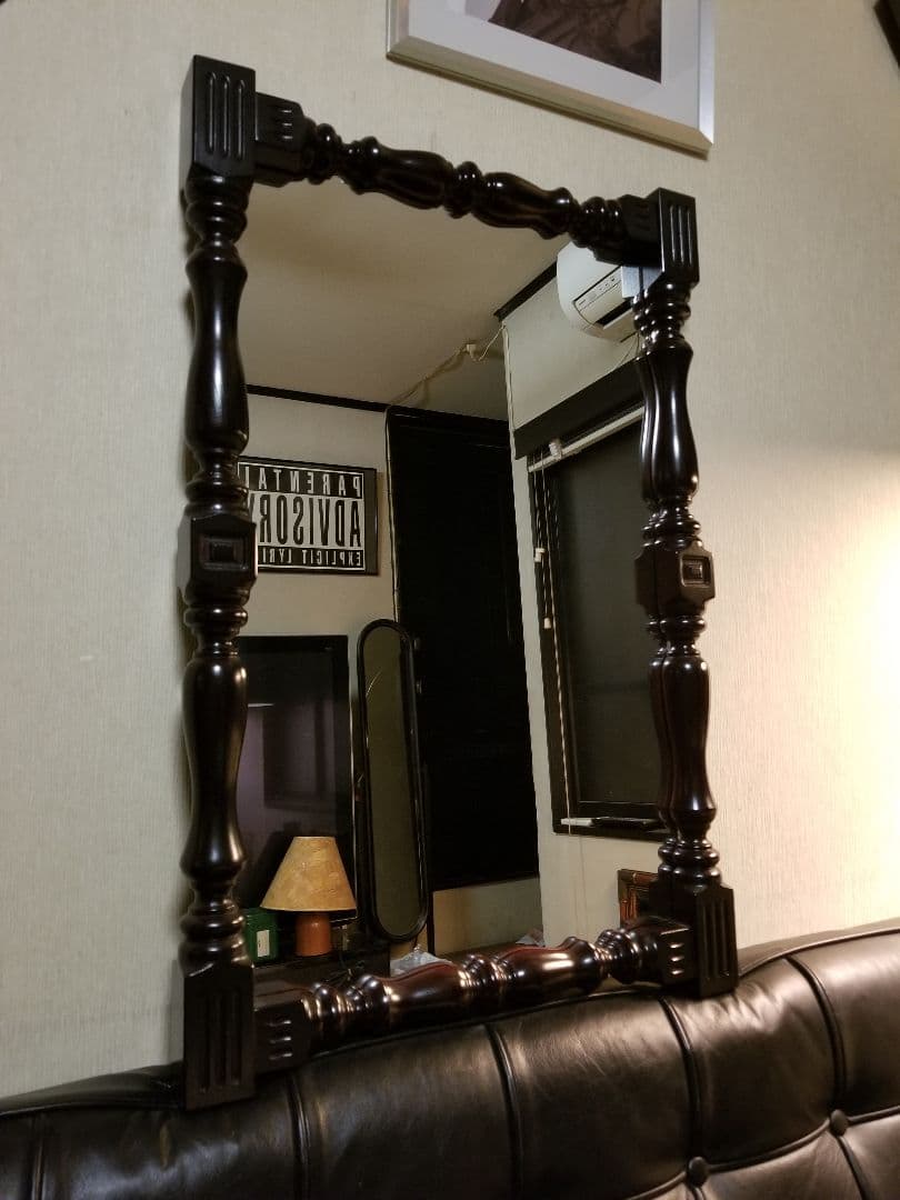 希少　ゴシック　ヴィンテージ　チーク　無垢材　スピンドル　額装　ウォールミラー