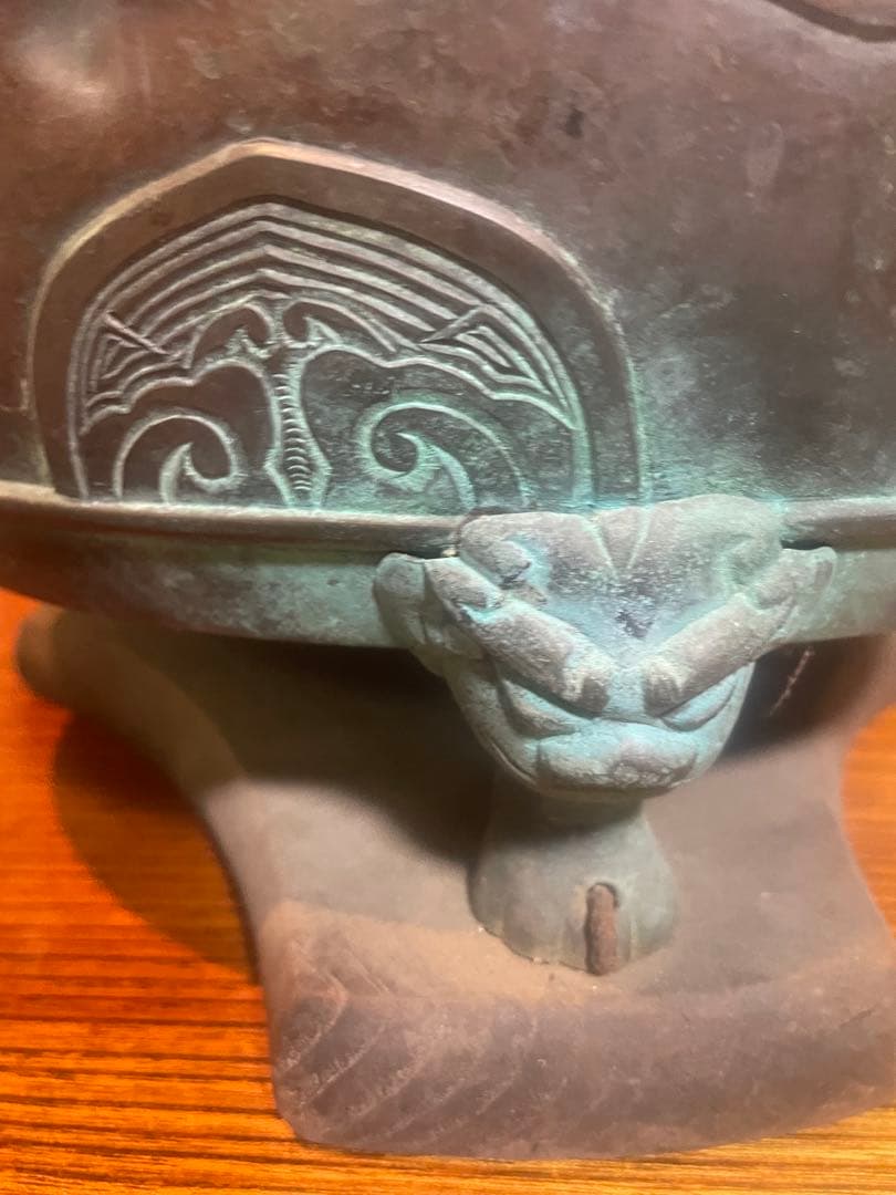 古銅　火鉢　獣三つ足　木台付き　骨董