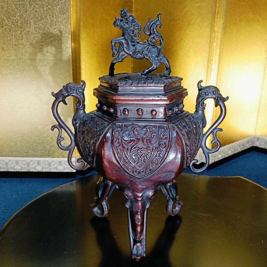 AL5 香保 金工師 香炉 蝋型 高岡銅器 麒麟摘 象足 三足 共箱