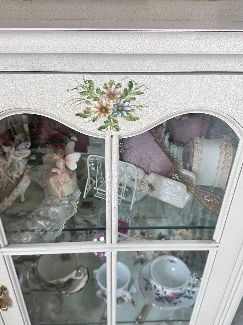 フローラ花柄ガラスキャビネット/ロココ調/お姫様白家具/クラック塗装