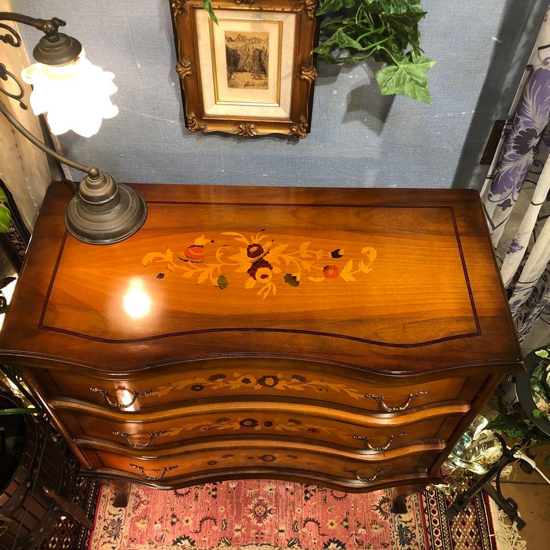 最終価格　イタリアン アンティークPT 象嵌　猫脚　３段DRキャビネット