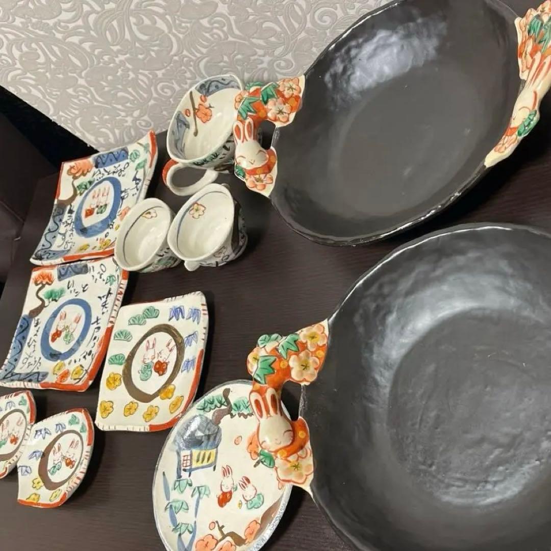 手作り工房　夕立窯　 お散歩うさぎ　幸せうさぎ　食器11点セット　陶器製