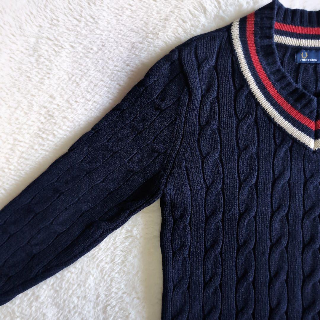 美品 フレッドペリー ウール ケーブル チルデンニット M ネイビー