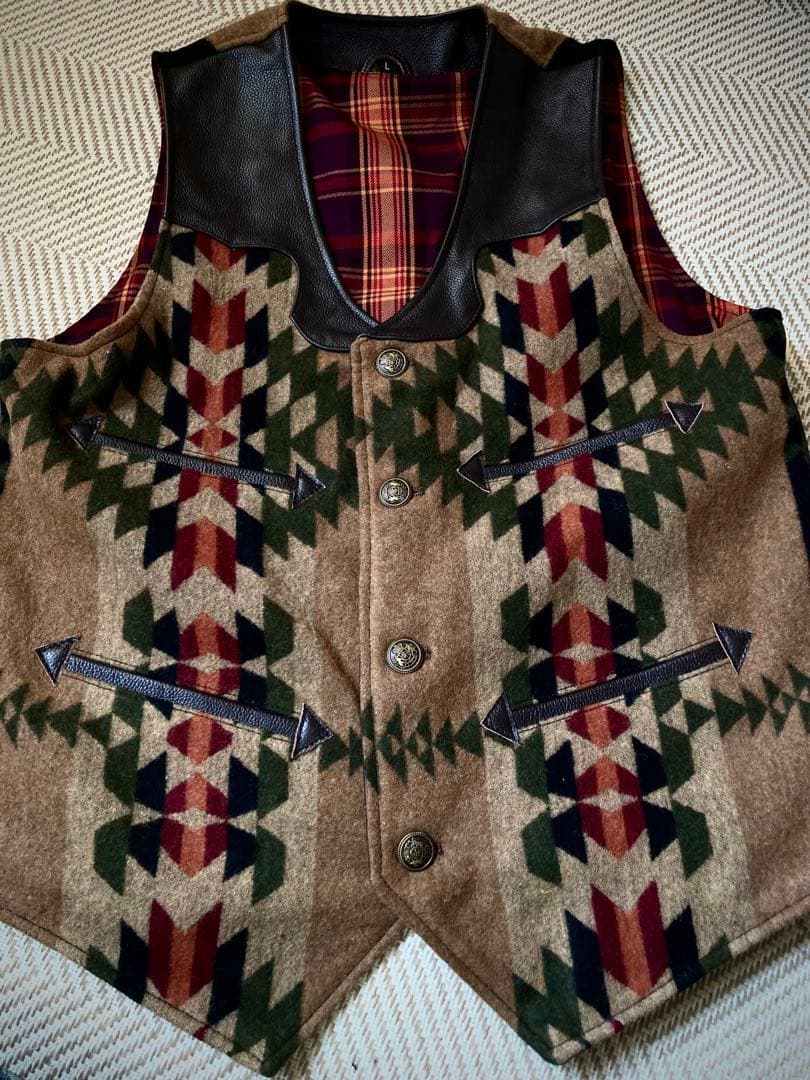 ウエスタン ナバホ柄 本革 ウール レザーベスト 新品 メンズ サイズL ￼