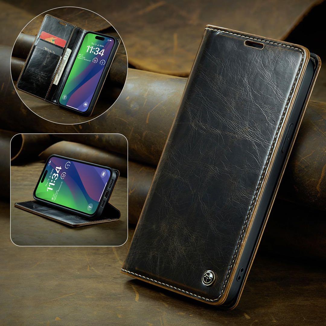 iPhone 15 ケース 手帳型 財布型 カード収納 ダークブラウン