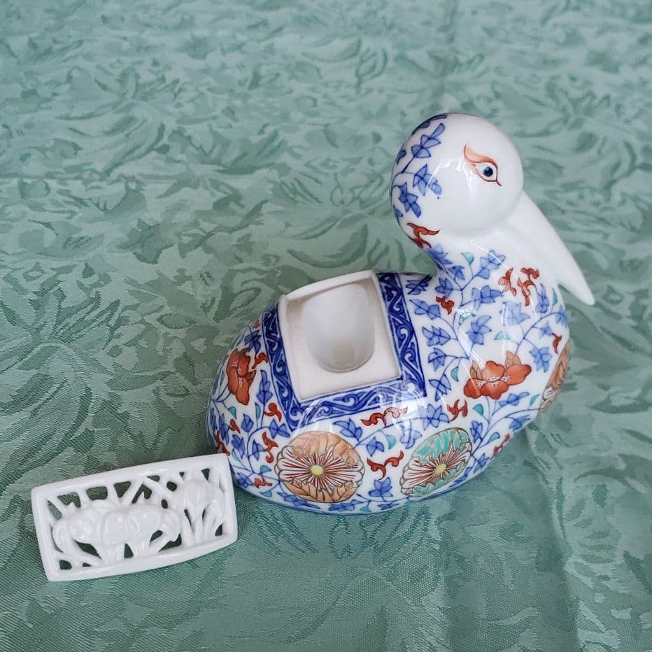 旧宮内省御用達　十四代辻常陸　コウノトリの香炉　有田焼