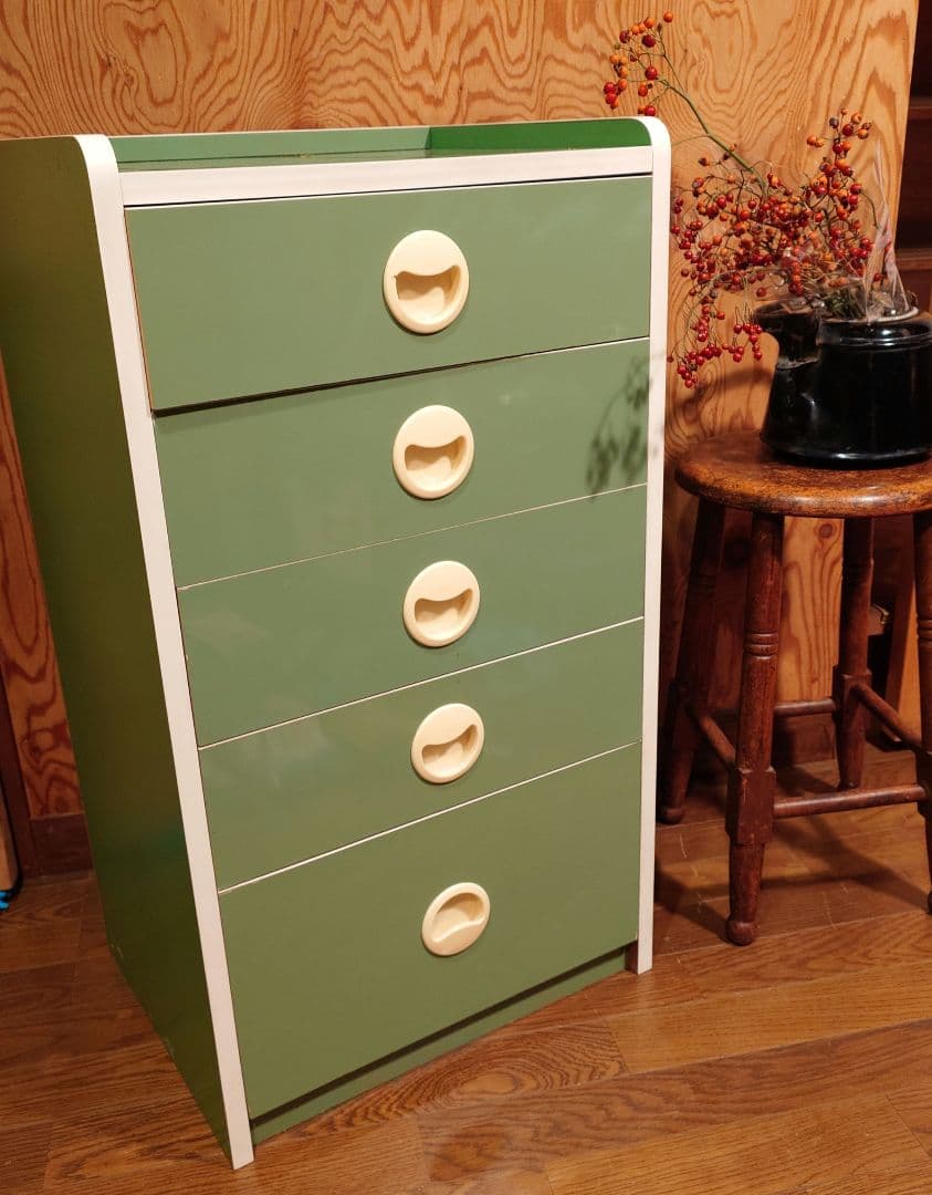 レトロポップ　グリーン　木製チェスト 　5段