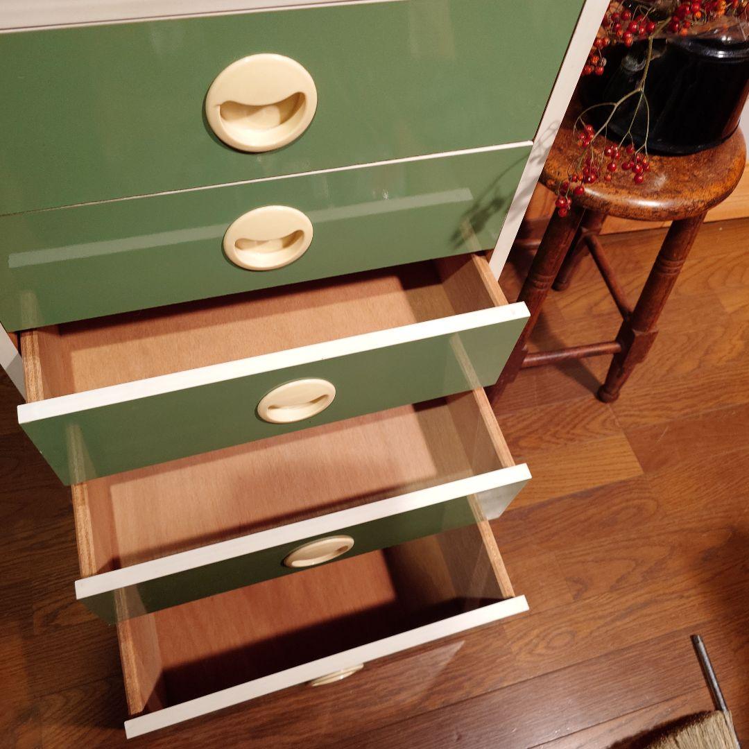 レトロポップ　グリーン　木製チェスト 　5段