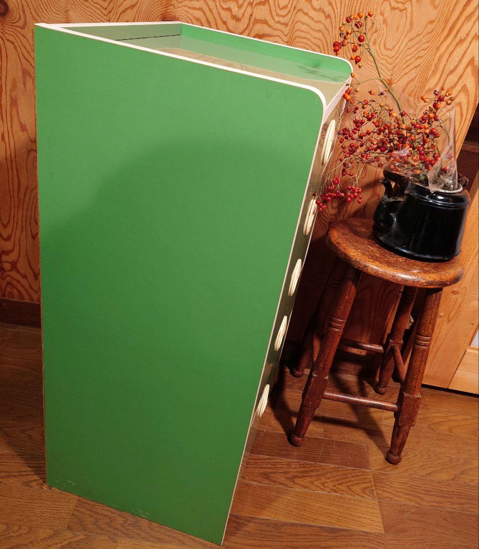 レトロポップ　グリーン　木製チェスト 　5段