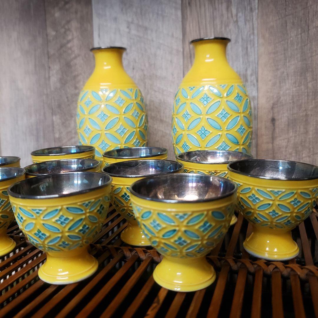 【12点セット】永楽焼/黄交趾/酒器揃/徳利一対/酒盃十客/内銀張/骨董◎