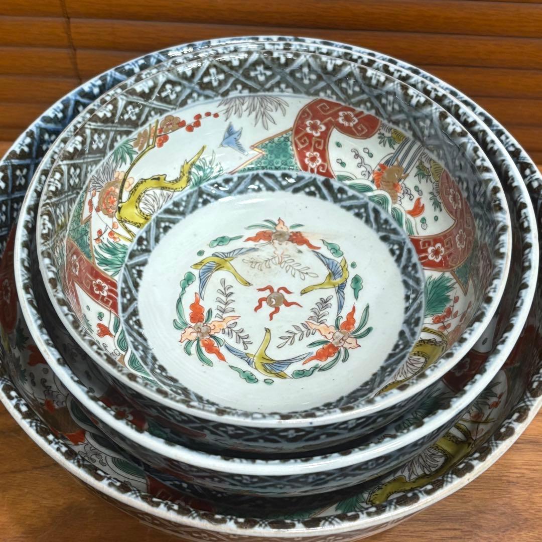 江戸時代　古伊万里　赤絵三重丼 三段鉢