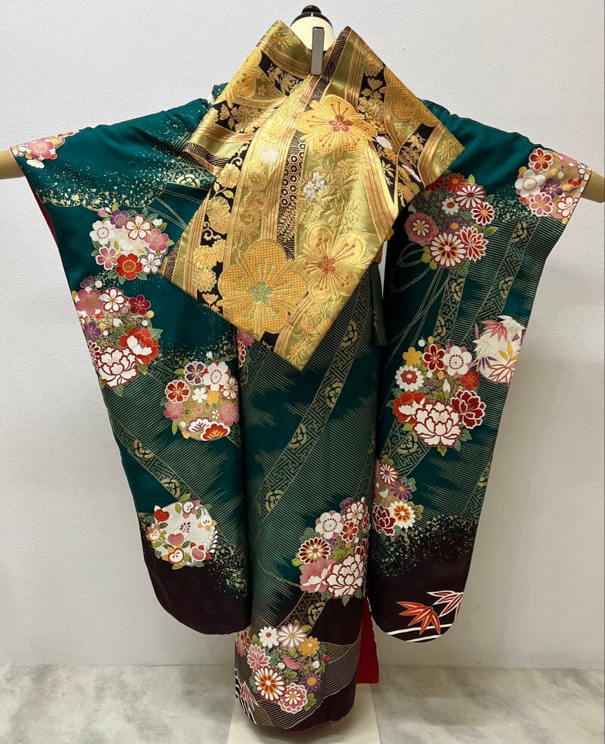 振り袖　フルセット　長襦袢付　成人式　グリーン　金彩加工　刺繍入り　744
