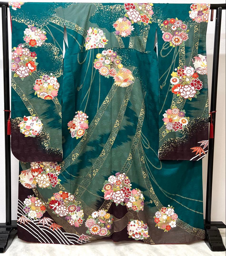 振り袖　フルセット　長襦袢付　成人式　グリーン　金彩加工　刺繍入り　744