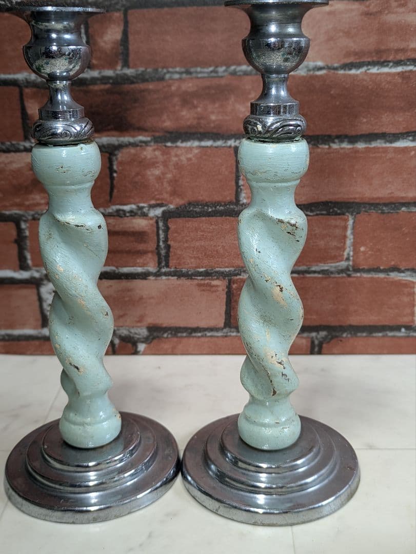 イギリス アンティーク 木製 キャンドルスタンド ペア