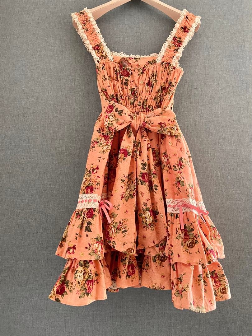 BABY JSK 薔薇花柄サーモン・コーラルピンク　ノースリーブワンピースにも