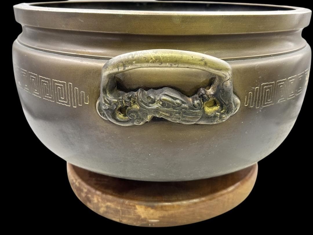 横幅-約50㎝ 高さ-約28㎝ 大きな 銅製 火鉢 象嵌 家紋 骨董 古玩