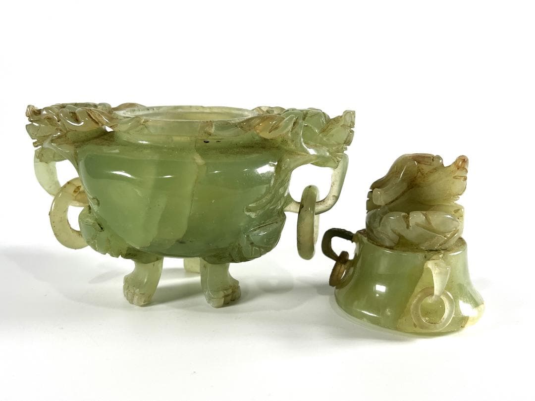 【送料無料・蔵出し】玉石　瑞獣双耳遊環香炉　置物　インテリア　骨董