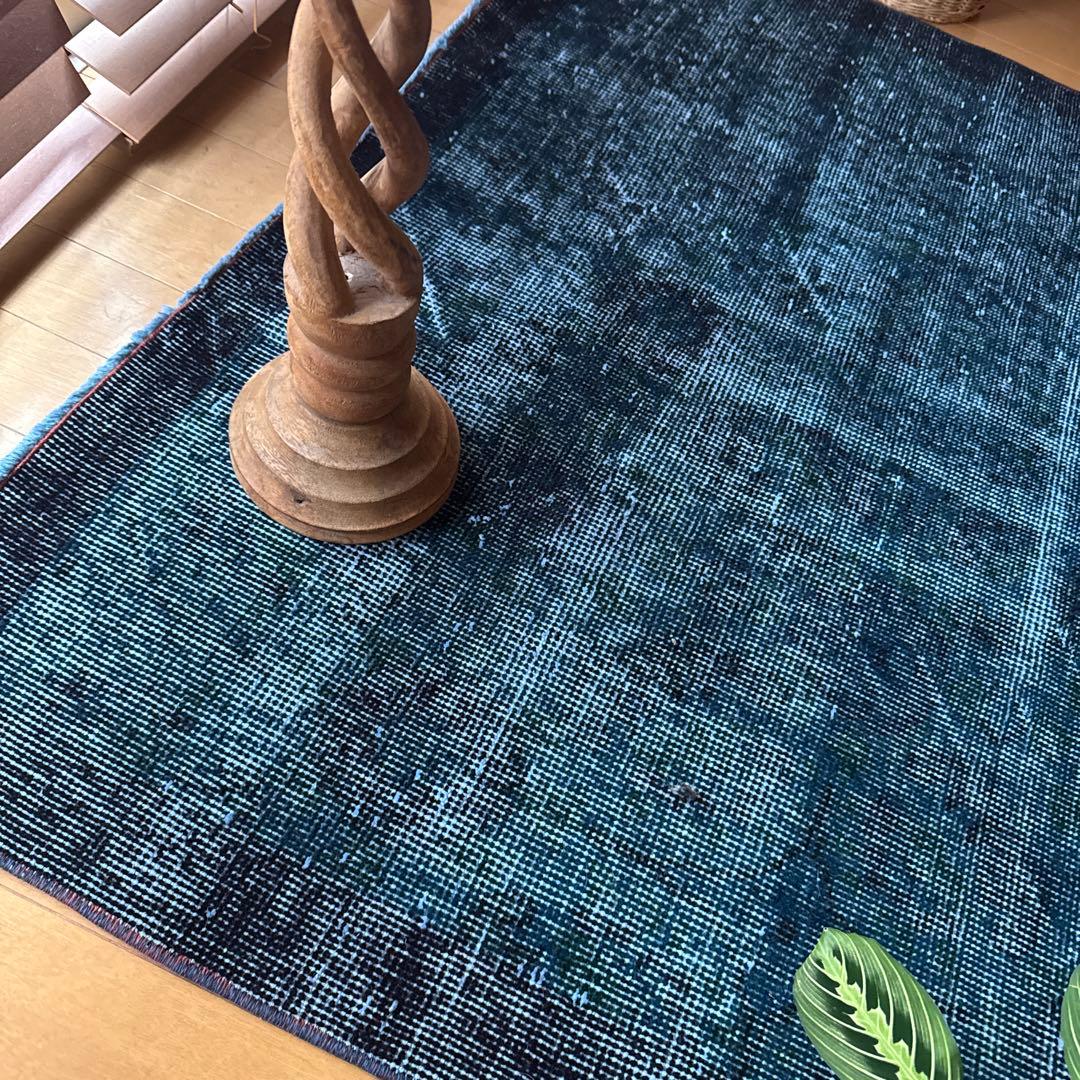 貴重110×198 デニムブルー藍色オーバーダイ　トルコヴィンテージラグ