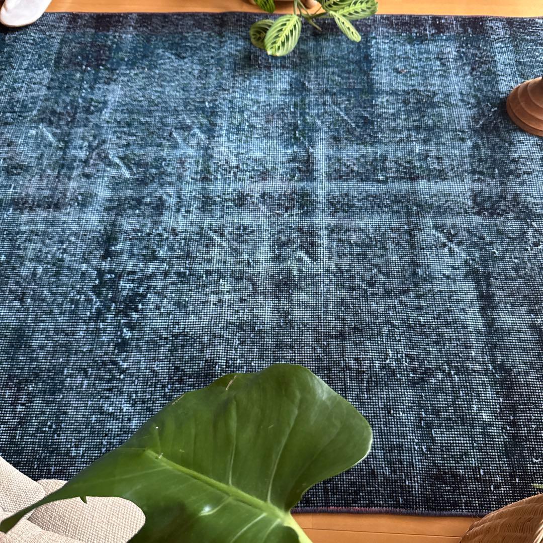 貴重110×198 デニムブルー藍色オーバーダイ　トルコヴィンテージラグ