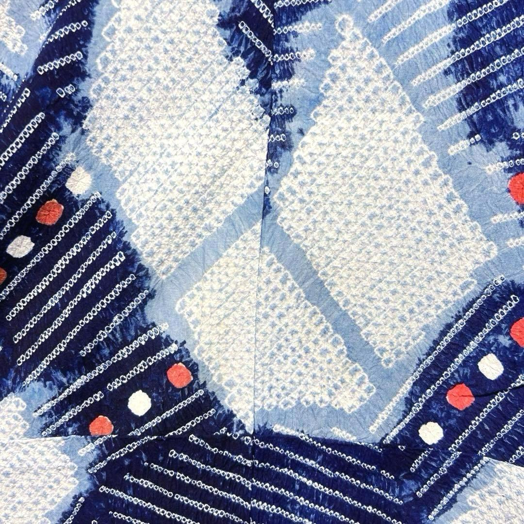 浴衣　有松鳴海絞り　ドット　変わり菱　縞模様　ブルー系着物　054w d