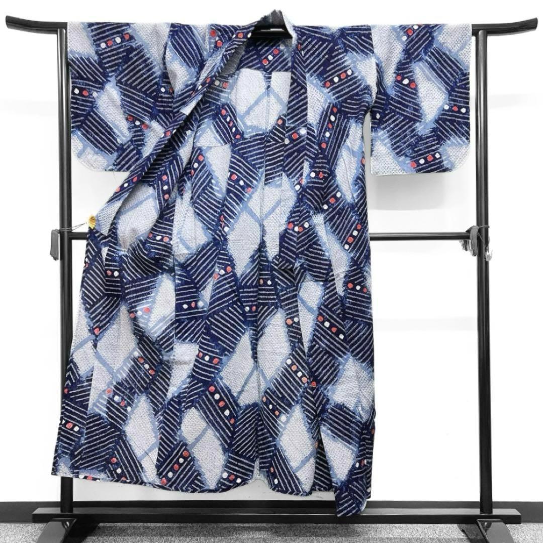 浴衣　有松鳴海絞り　ドット　変わり菱　縞模様　ブルー系着物　054w d