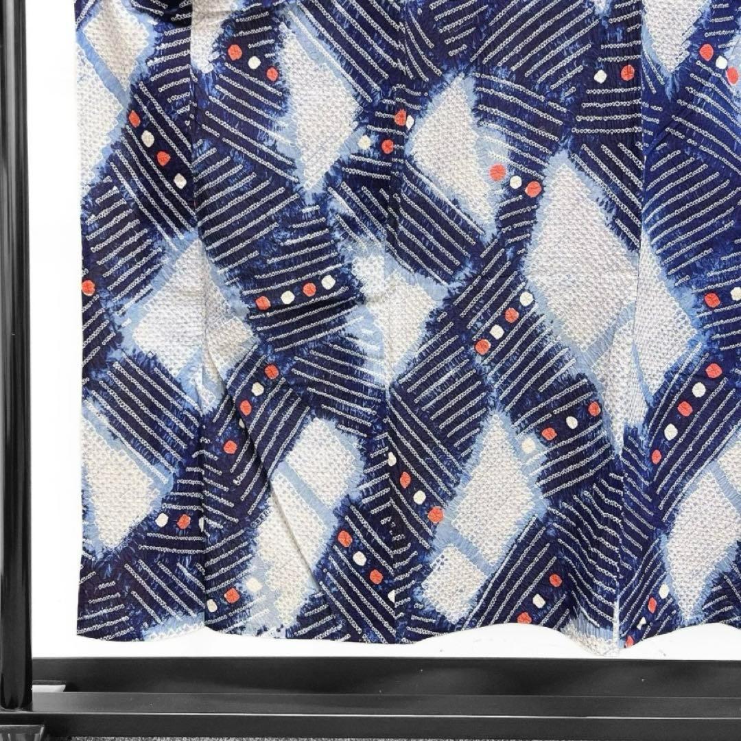 浴衣　有松鳴海絞り　ドット　変わり菱　縞模様　ブルー系着物　054w d