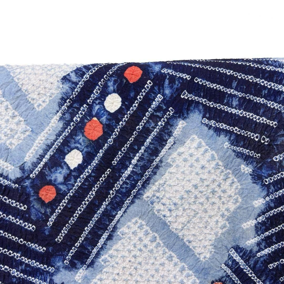 浴衣　有松鳴海絞り　ドット　変わり菱　縞模様　ブルー系着物　054w d