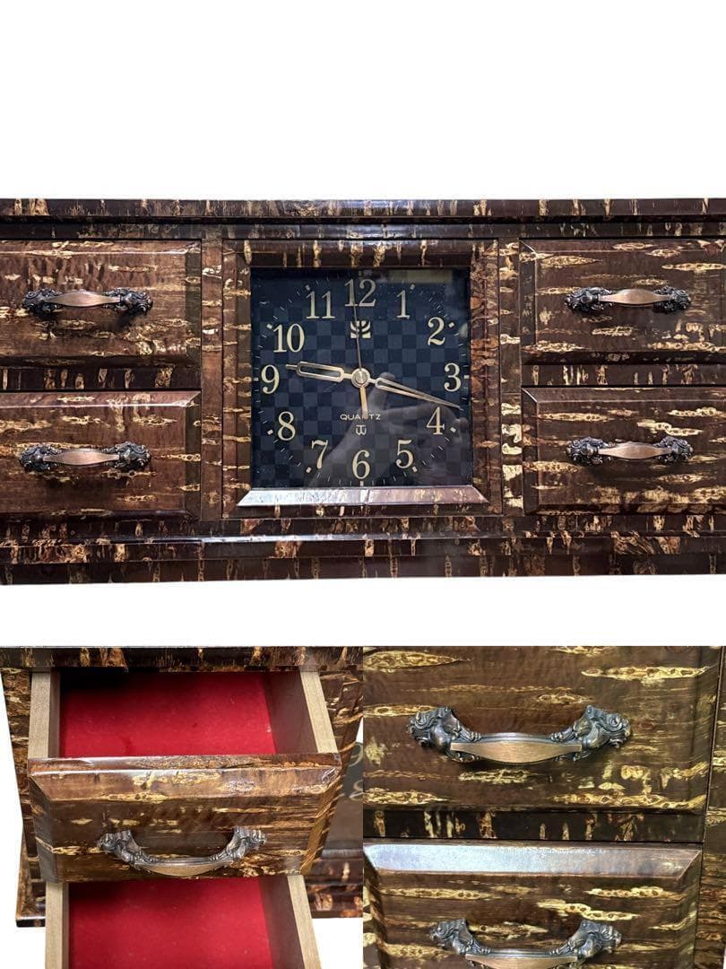 美品希少桜皮細工 角館 秋銘製作所 伝統 工芸品 樺細工 置時計 引出し付き