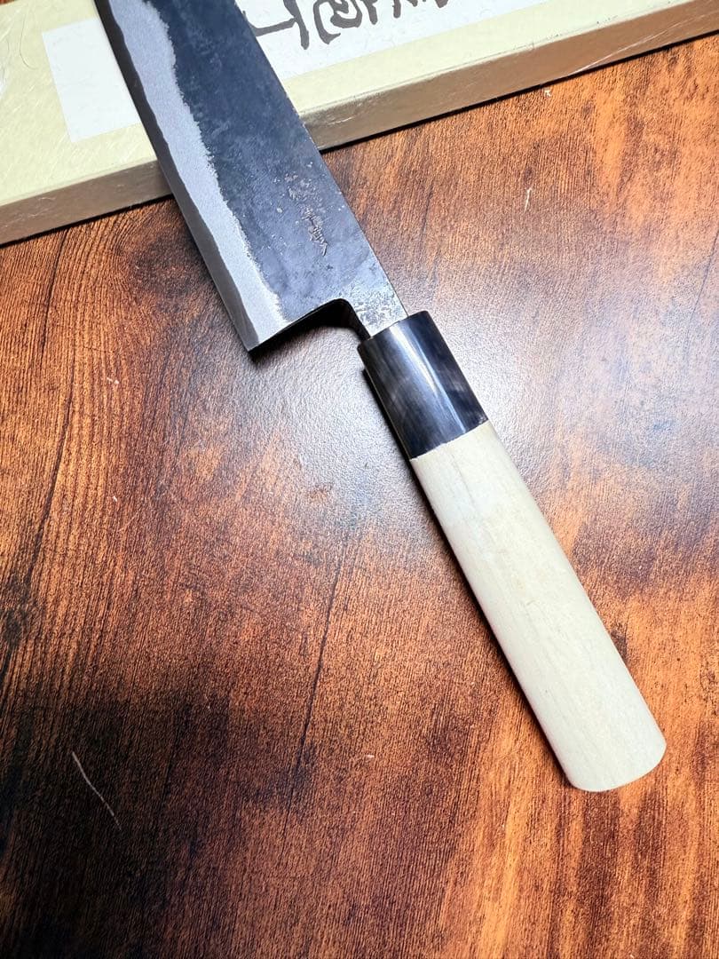 堺白鶴作　文化　包丁　黒打 青鋼　6寸　水牛角柄