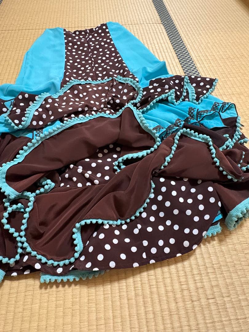 フラメンコドレス 茶色と水色のドット柄　マンサニージャ