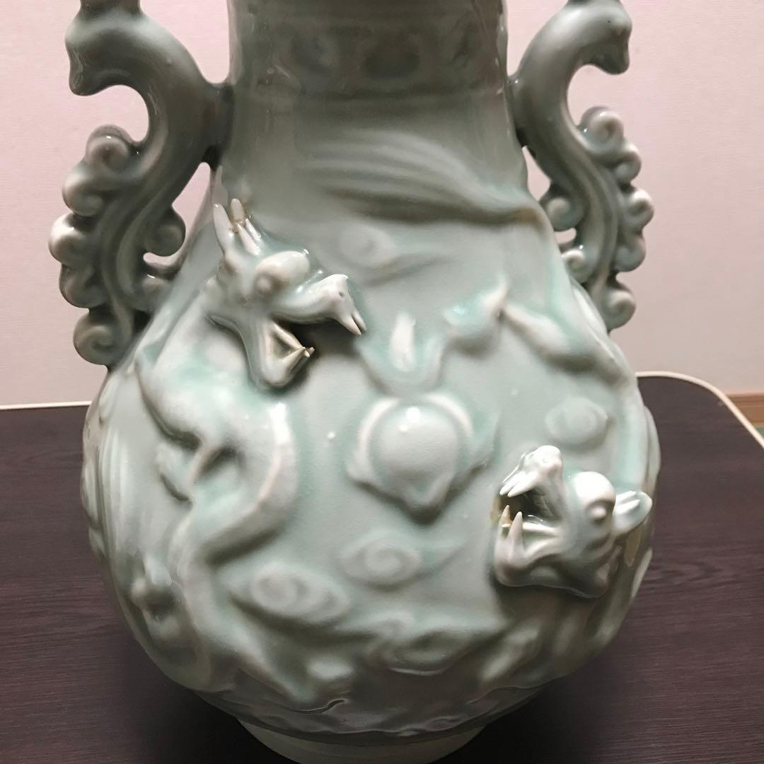 特大　中国花瓶　古美術　青瓷 陽刻龍紋　中国龍泉　龍泉窯 花瓶 美術品 骨董品