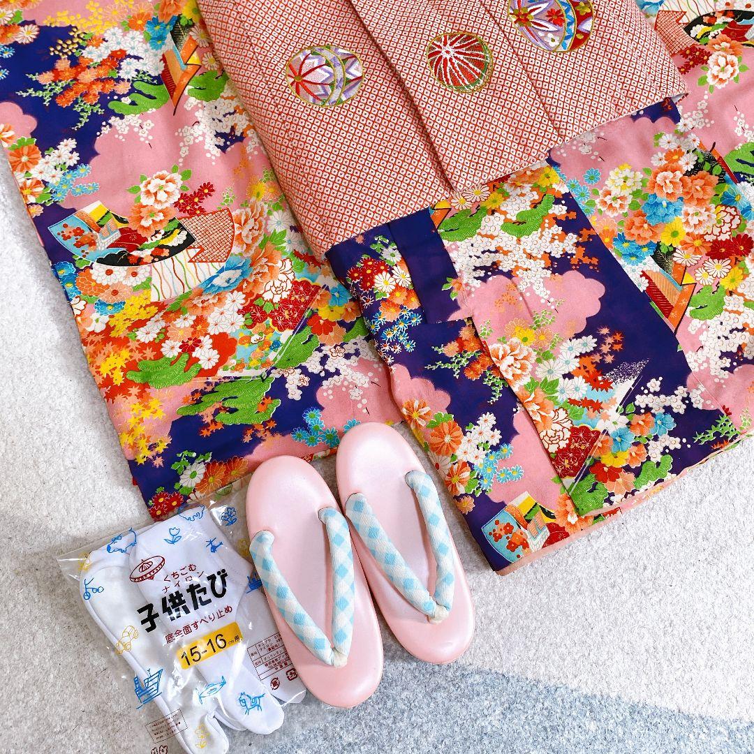 七五三 2歳 3歳 正絹 アンティーク 着物 被布 ビーズバッグ 草履 セット